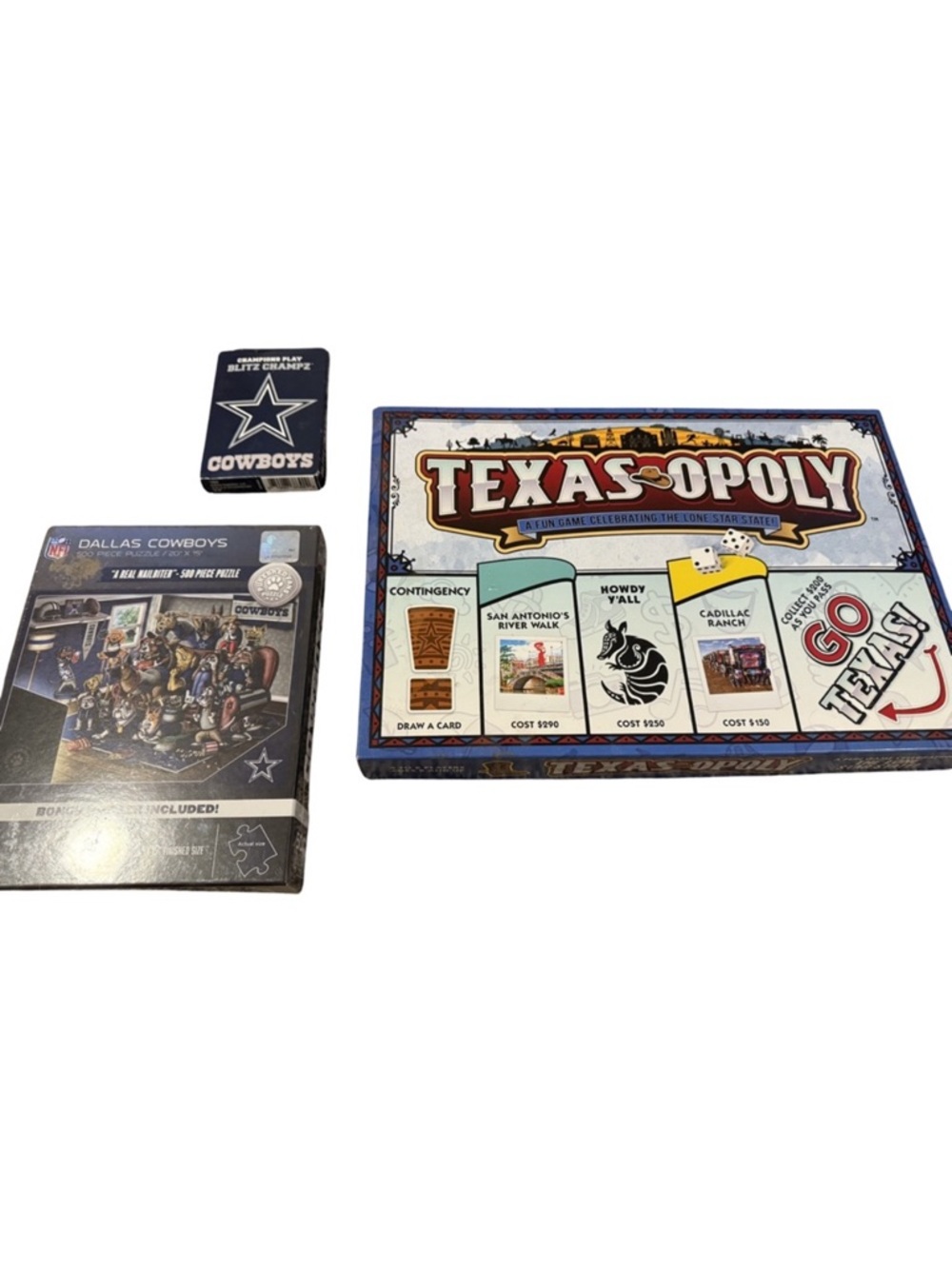 Texas-Opoly Board Game + Dallas Cowboys Puzzle & Blitz Champz Cards Bundle